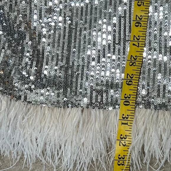 Apeach‎ Silver Sequin Min Dress With Feather Hem Long Sleeves Sz L - Picture 12 of 13